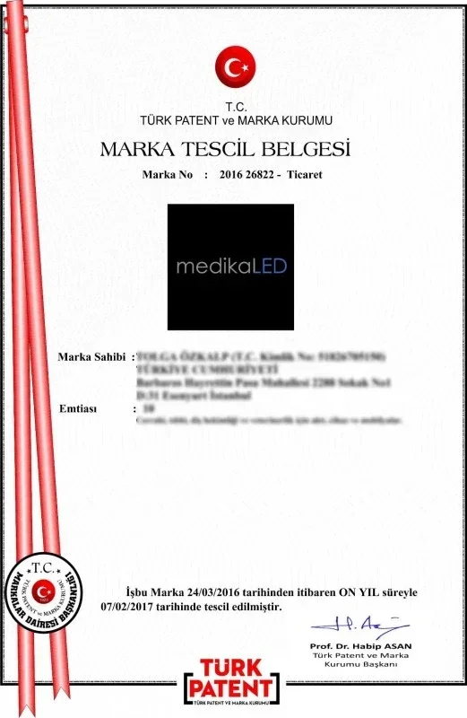 medikaLED trademark registration certificate issued by the Turkish Patent and Trademark Office