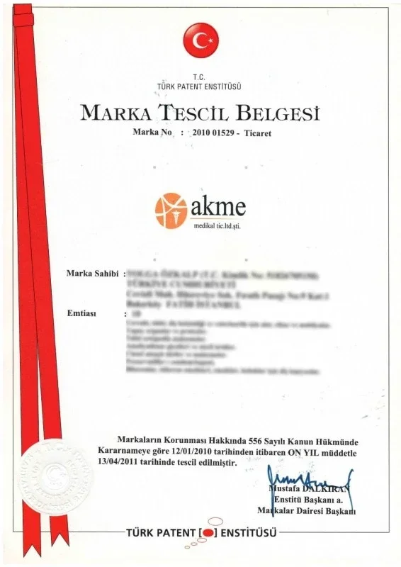 Akme Medikal trademark registration certificate issued by the Turkish Patent Institute