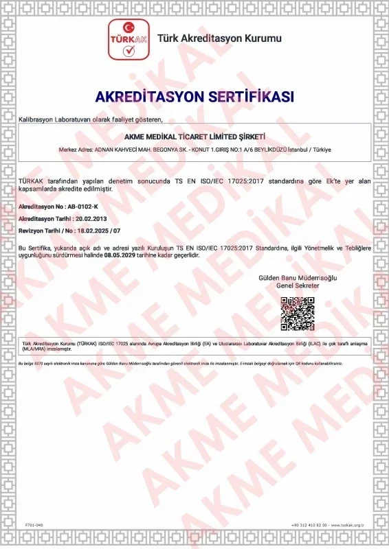 Akme Medikal TÜRKAK TS EN ISO IEC 17025 2017 accreditation certificate