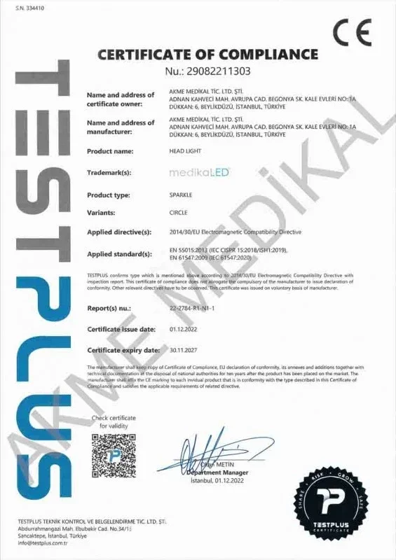 Akme Medikal medikaLED CE certificate of compliance