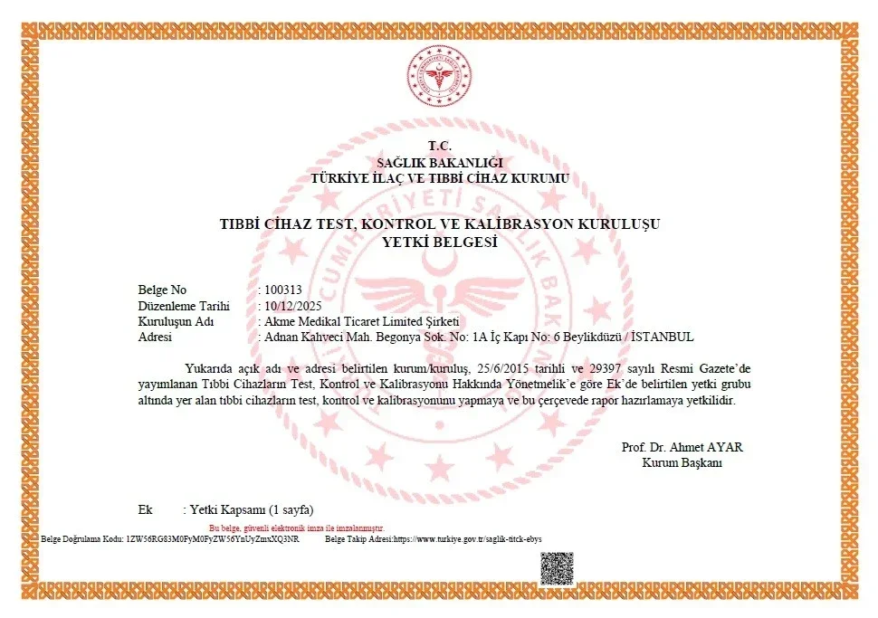Akme Medikal TİTCK 100313 testing inspection and calibration organization authorization certificate